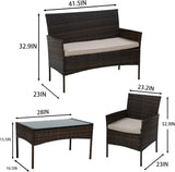 4 Pieces Patio Furniture Set Rattan Outside Furniture Wicker Sofa Garden Conversation Sets with Soft Cushion and Glass