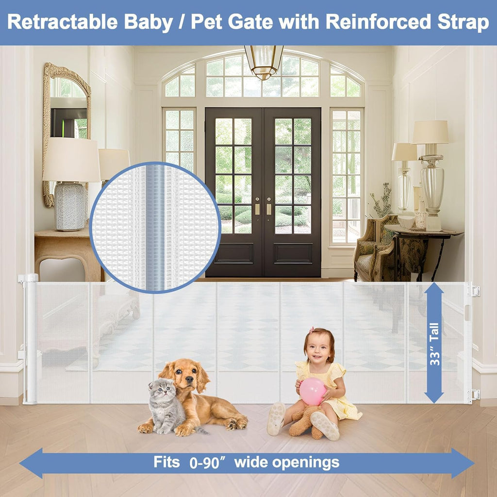 Reinforced 90 Inch Wide Retractable Baby Gates for Doorways Extra Wide Outdoor Retractable Gate for Dogs Reinforced