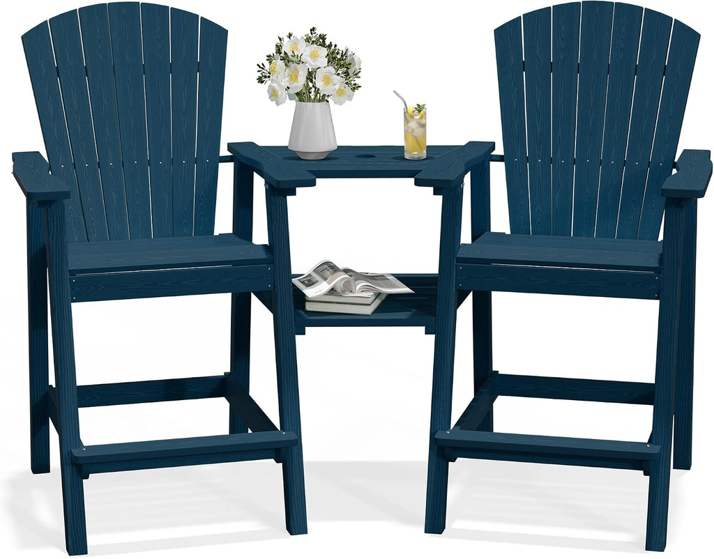 Tall Adirondack Chairs Set of 2 with Double Connecting Trays, Navy | HDPE Bar Height Outdoor Chairs with Umbrella