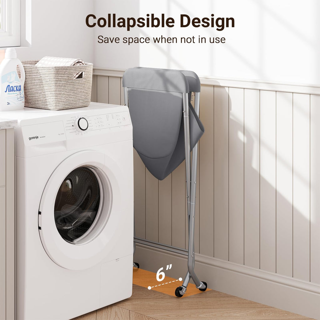 Laundry Basket with Wheels, Collapsible Laundry Hamper, Gray
