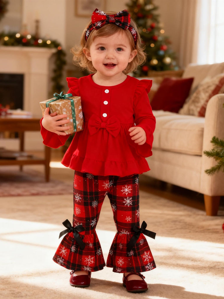 Toddler Baby Girl Christmas Outfit Ruffle Shirt Top Plaid Bell Bottom Pants Set Fall Winter Clothes, Red