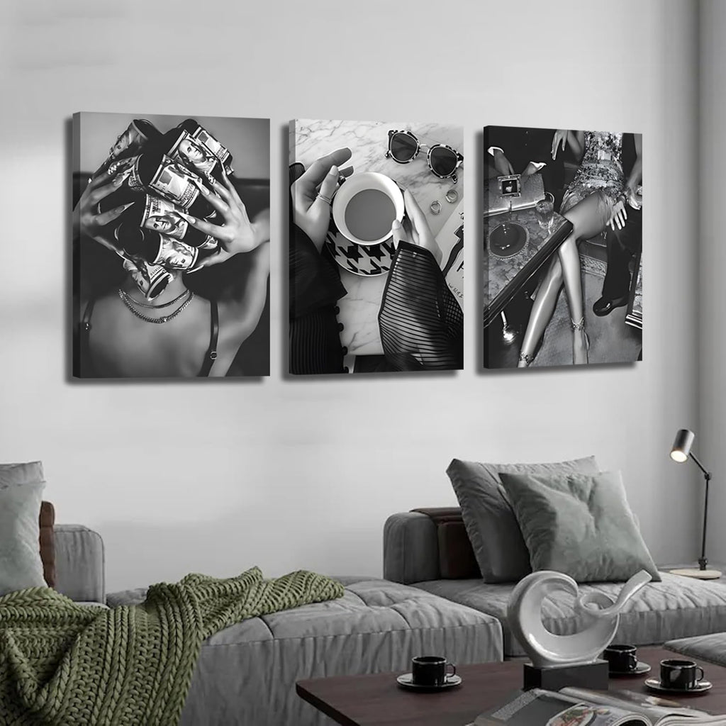 Trendy Black and White Wall Art Luxury Money Hair Rollers Girl Posters Prints Retro Bold Feminine Fashion Artwork