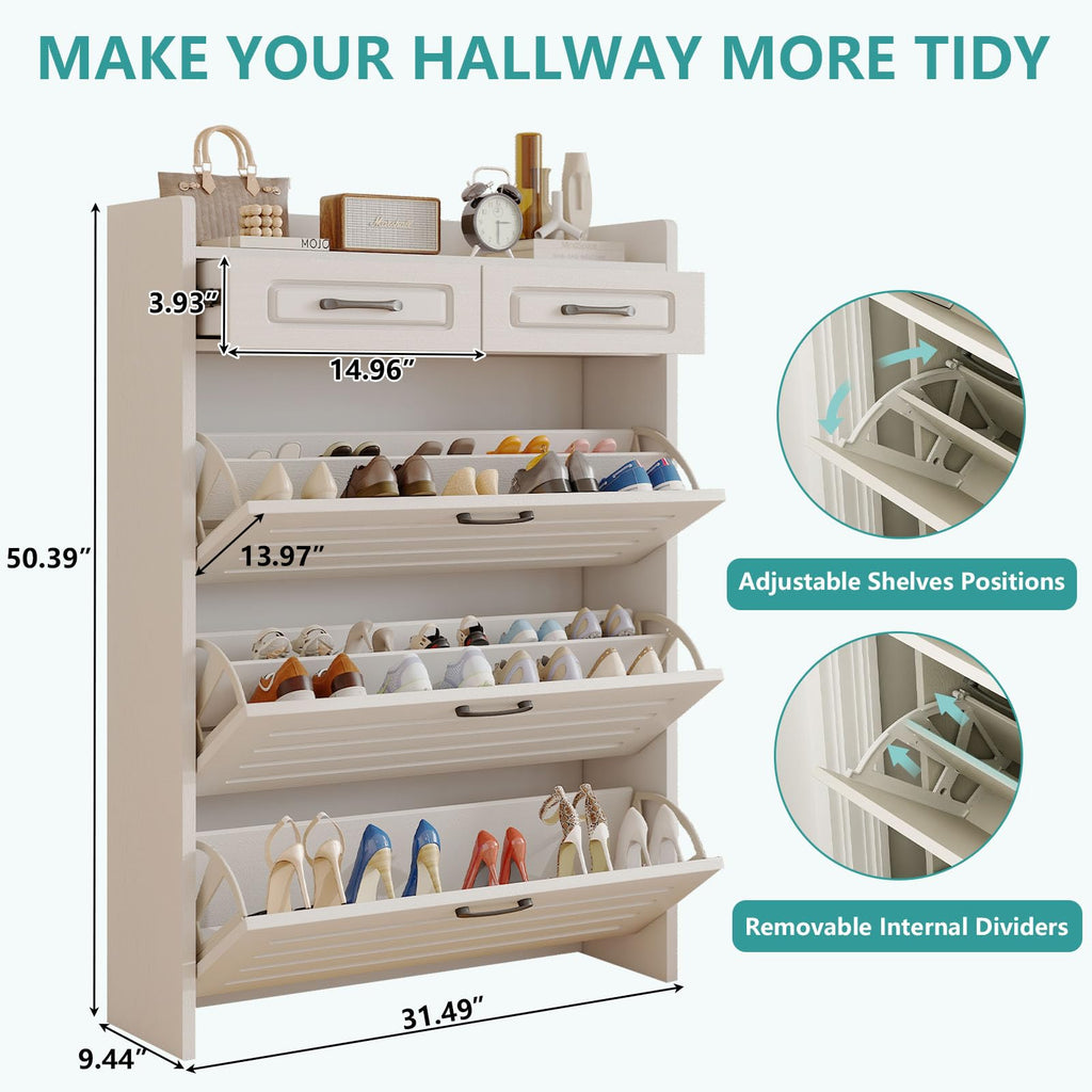 Shoe Cabinet Storage with 3 Large Flip Drawer&2 Drawer White