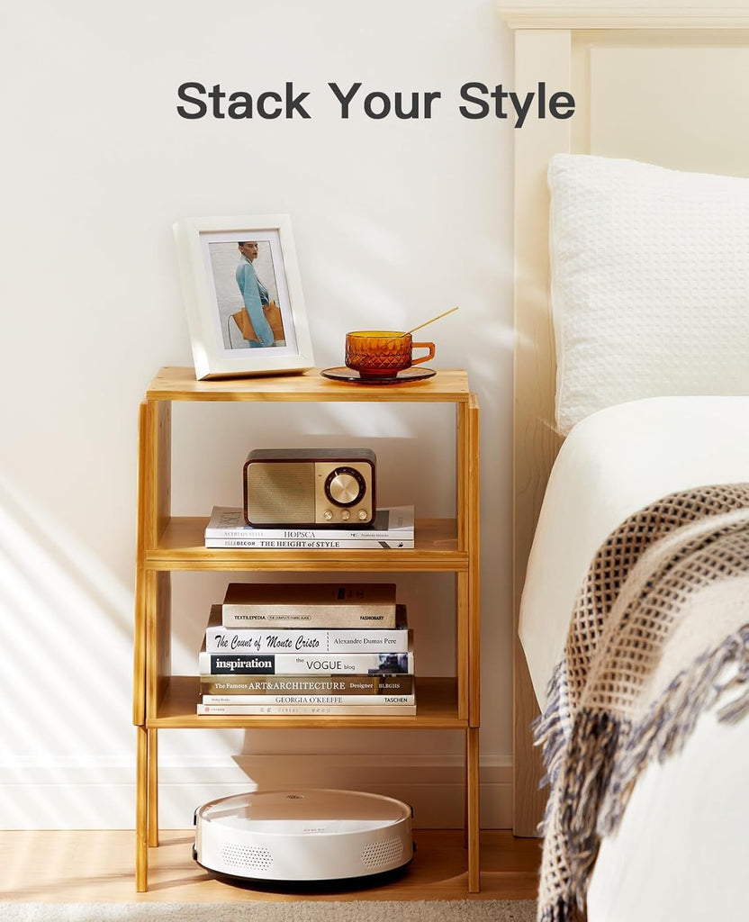 Nightstands Set of 2, Bamboo Stackable Bedside Table, Night Stands with Storage Shelf, Small Bed Side Tables, 2-Tier