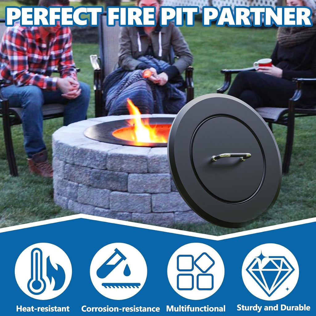 Fire Pit Lid 25.6"-Heavy-Duty Metal Cover with Handle, All-Season Protection