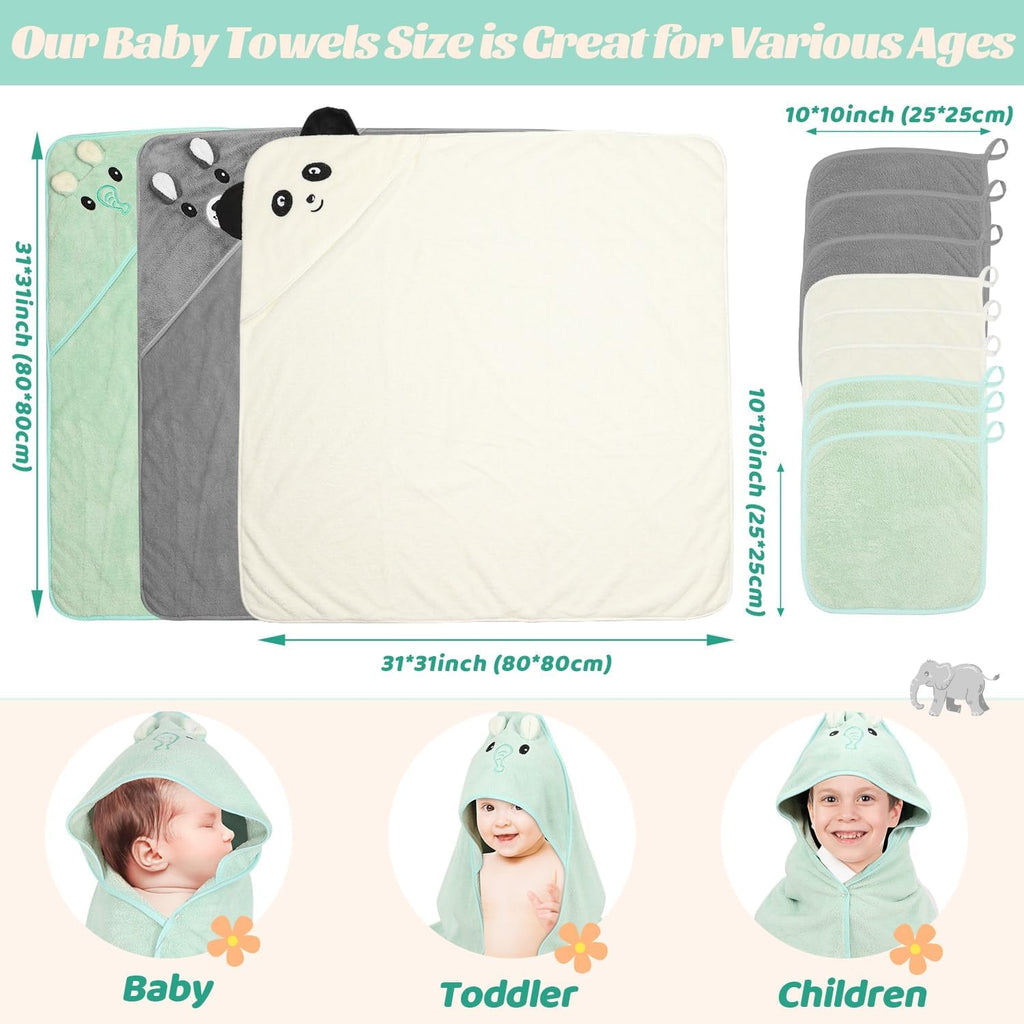 12 PCS Baby Towels Set, 3 PCS Baby Bath Towels & 9 PCS Washcloths Set, Animal Hooded Baby Towels for Infants