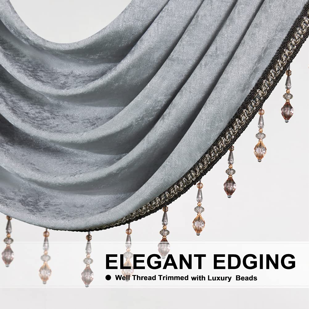 Luxury Silver Grey Chenille Waterfall Valance, 5 Hollow Swags Curtain Valance, Rod Pocket, 1 Panel