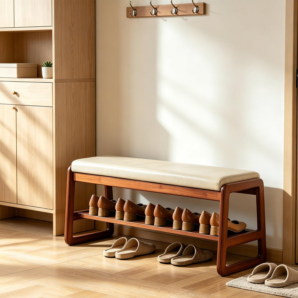 2-Tier Solid Wood Shoe Rack Bench, Beige, 39.4inches
