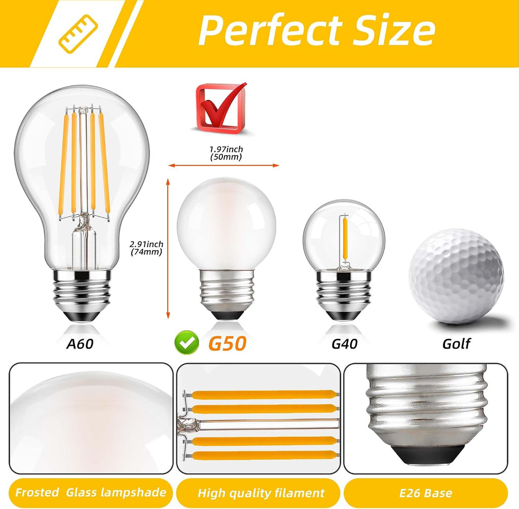 G16.5 E26 dimmable LED filament globe bulb, frosted 2700K, indoor and outdoor, set of 6