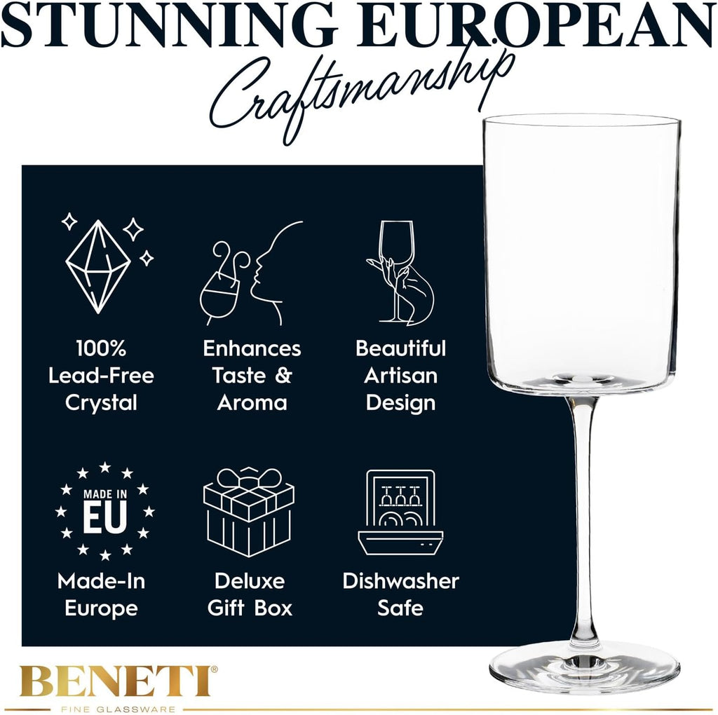 Square Crystal Wine Glasses Set Of 4 - European-made Handblown 14 oz Gift Packed Glasses - Large White & Red Wine