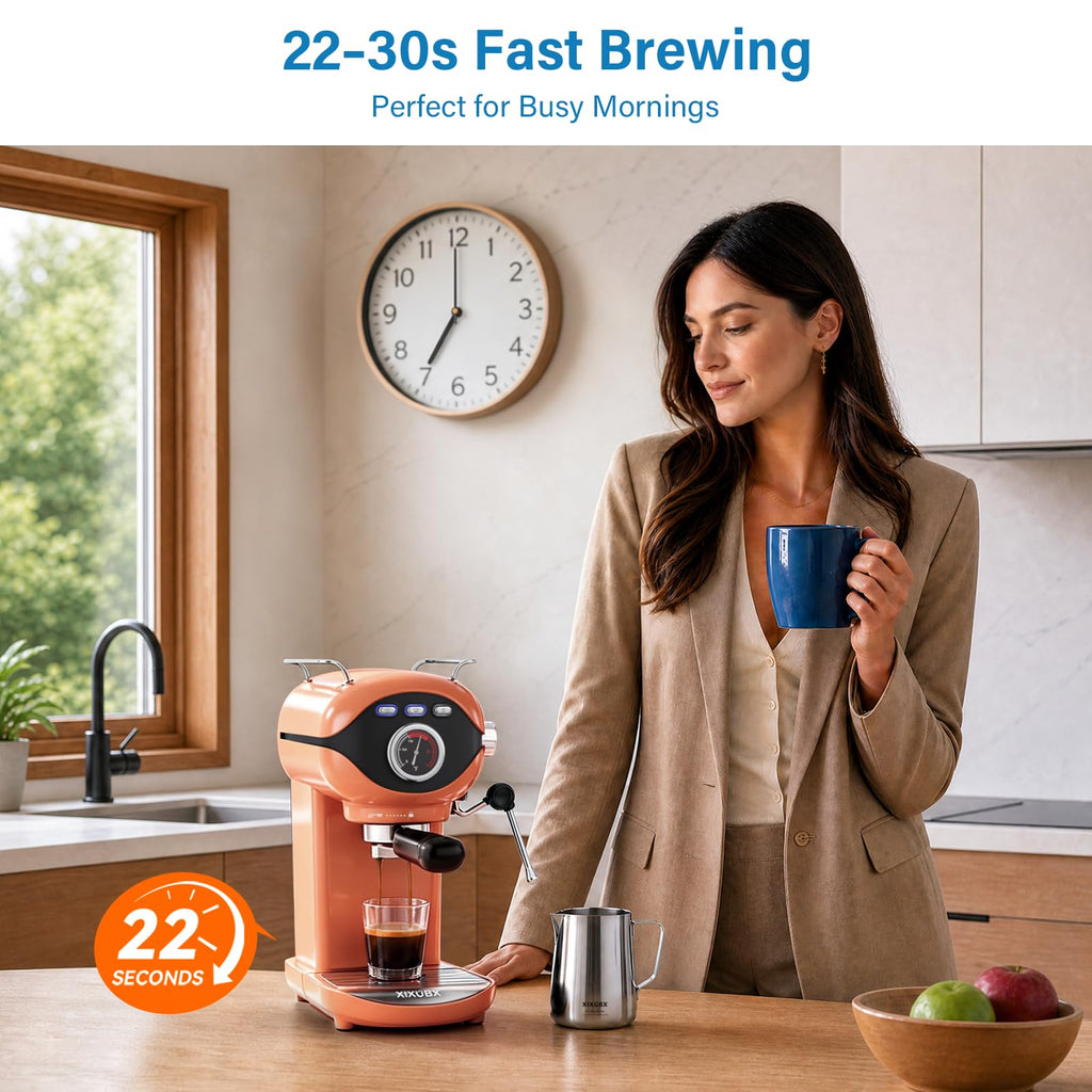 Espresso Machine, Compact Espresso Maker with Milk Frother, Orange
