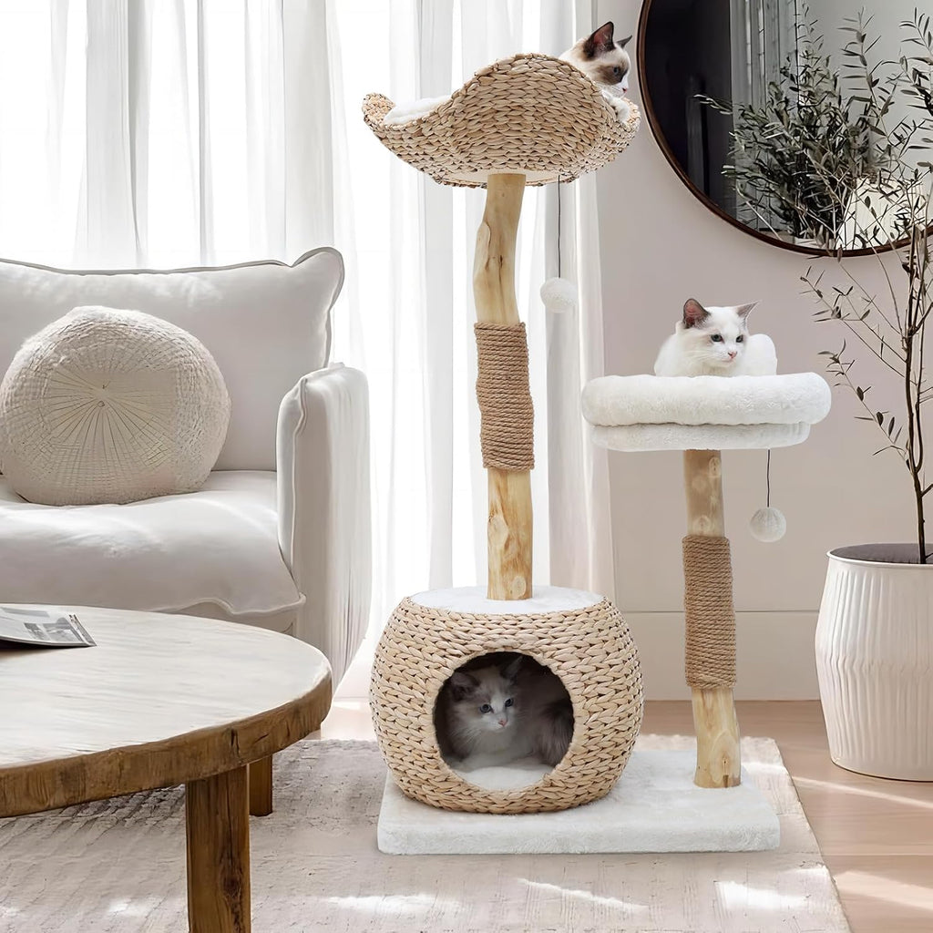 Modern Cat Tree Tower for Indoor Cats, Real Branch Luxury Cat Condo with Scratching Post, Jumping Platforms, Hanging