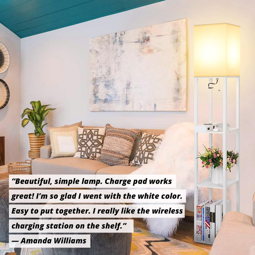 Shelf Floor Lamp with Wireless Charger, USB, Type C, AC Port,White