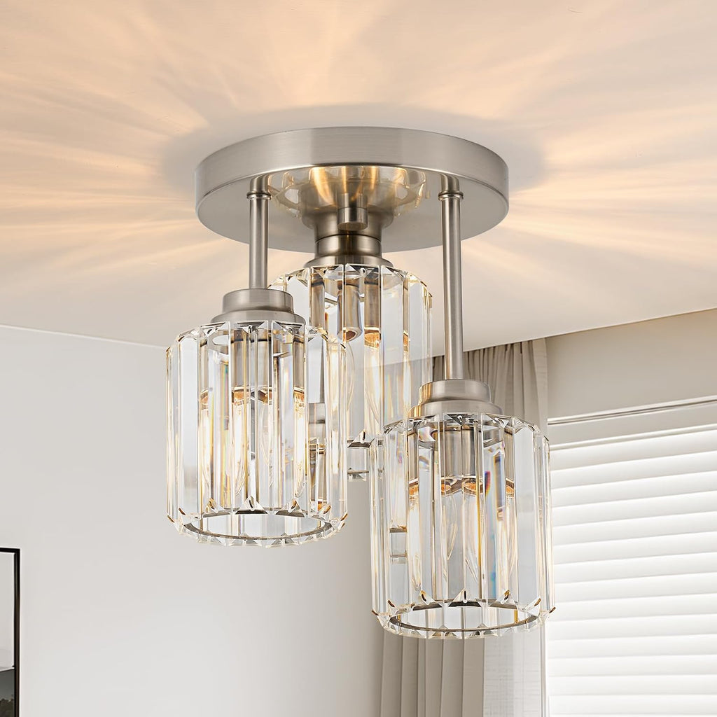 Brushed Nickel Semi Flush Mount Ceiling Light, 3-Light Modern Crystal Chandelier with Clear K9 Crystal Shades
