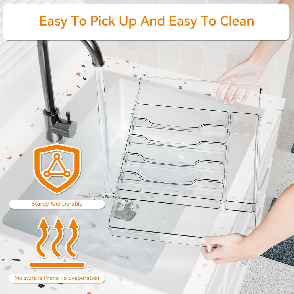 Large Clear Expandable Silverware Drawer Organizer,BPA FREE Adjustable Utensil Drawer Organizer and Silverware
