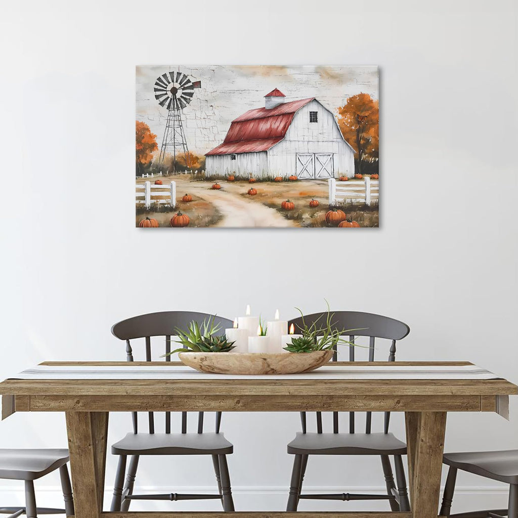 Country Autumn Landscape Canvas Wall Art Farmhouse Barn Windmill Pictures Wall Decor Kitchen Bedroom Fall Decorations