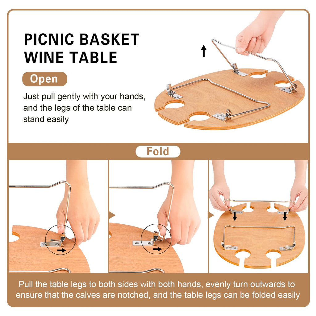 Wicker Picnic Basket Set for 4 with Table, Cooler for Family, Beige