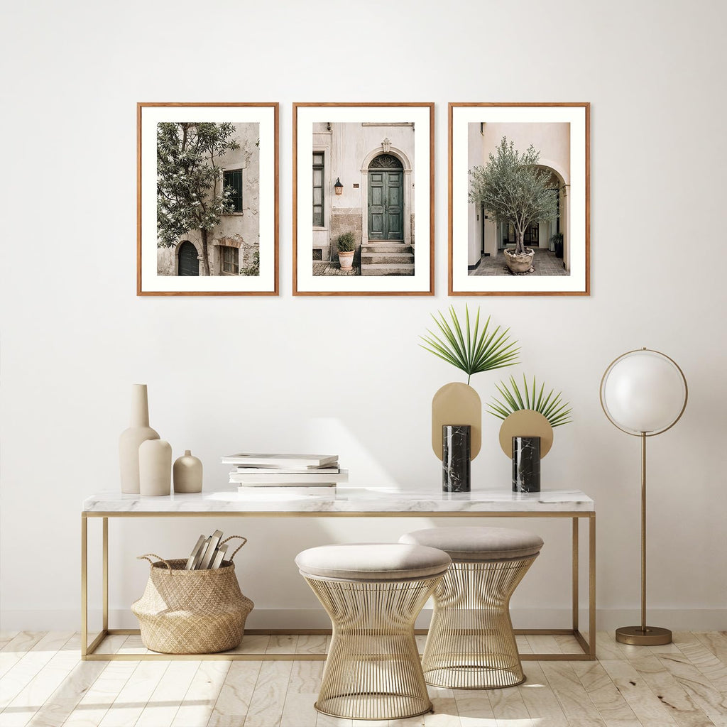 Vintage Italy City Landscape Framed Canvas Wall Set, Olive Green Tree Country Wall Decor, Modern Minimalist