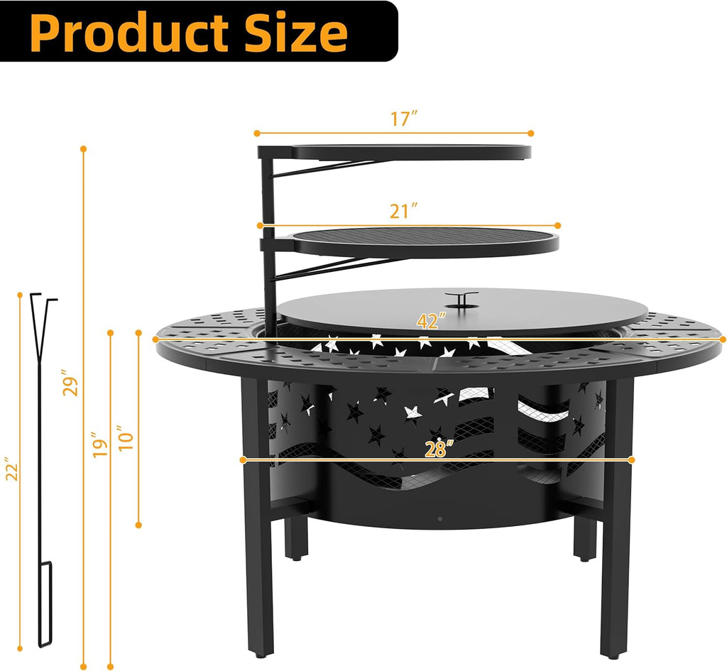42" Outdoor Fire Pit with 2 Grills - Wood Burning Firepit for Outside with Cover & Poker