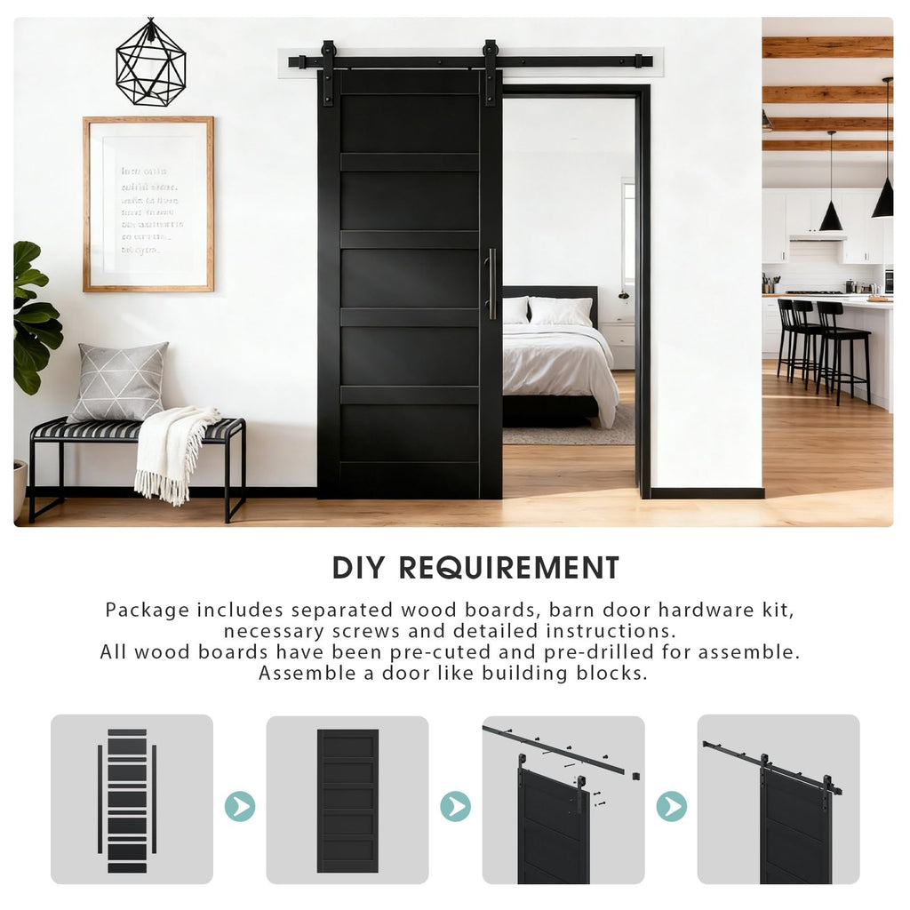 36x84 Inch Black Sliding Barn Door Slab with 6.6ft Hardware Kit Included, 5-Panel, Wooden Panel Covered with