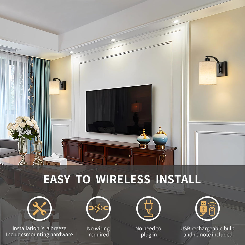 Black Rechargeable Wall Sconces Set of 2 with Remote, Wireless Dimmable Battery Operated LED Wall Lights, Cordless