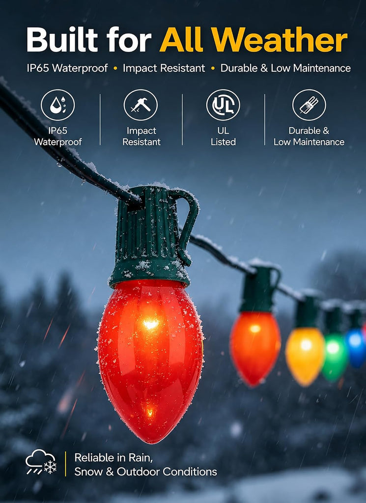 C9 Christmas Lights Outdoor 100FT Multicolor LED String Lights 100+4 Bulbs IP65 Waterproof Connectable Warm White