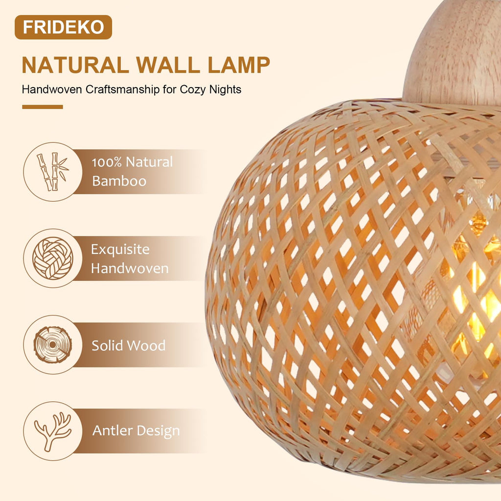 Bamboo Lantern Plug in Wall Sconces Wicker Wall Lamp with Plug in Cord Hand Woven Rattan Wall Light Farmhouse Rustic