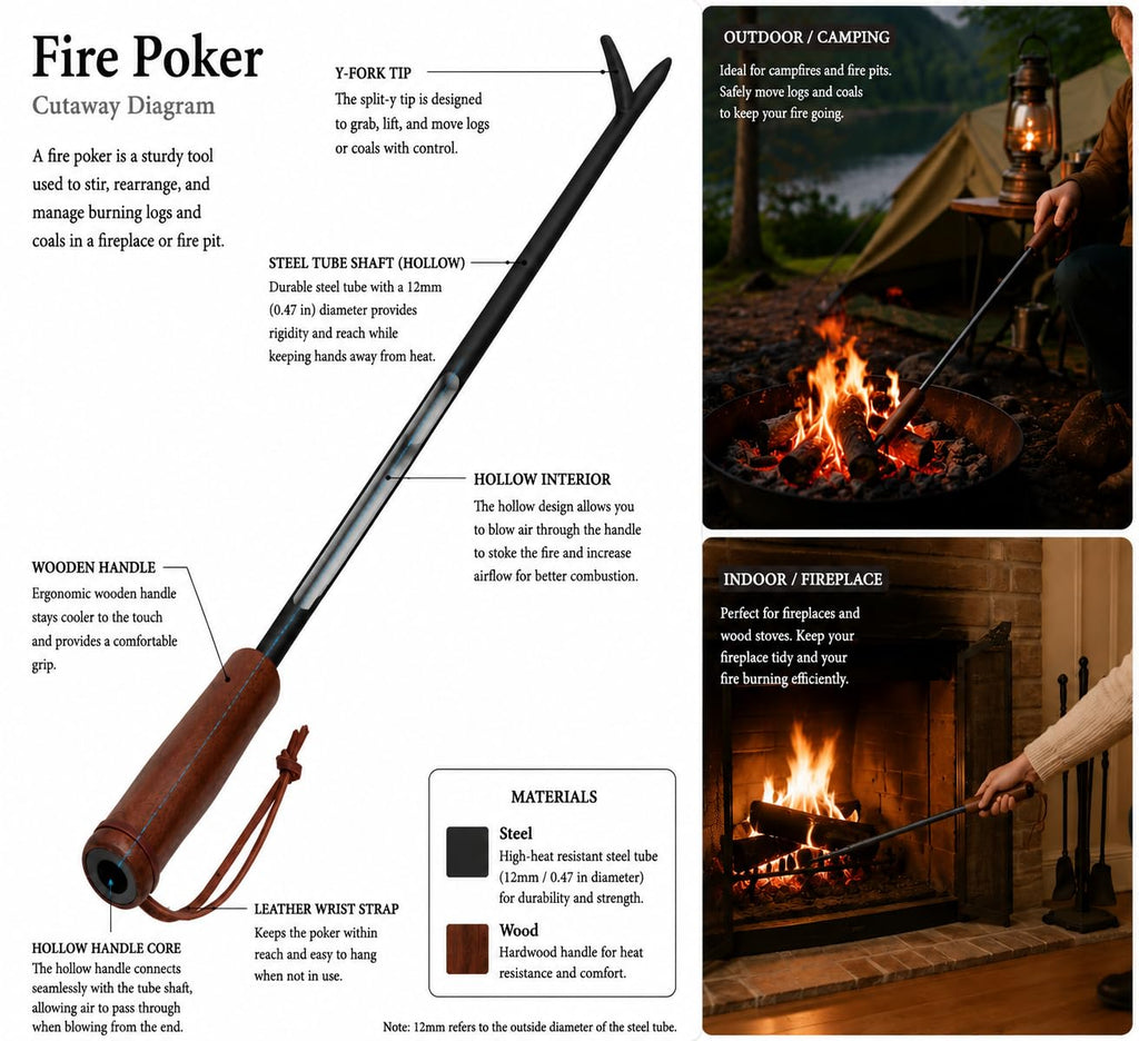 2-in-1 34inch Foldable Fire Poker for Fire Pit & Blow Stick, Wooden Handle