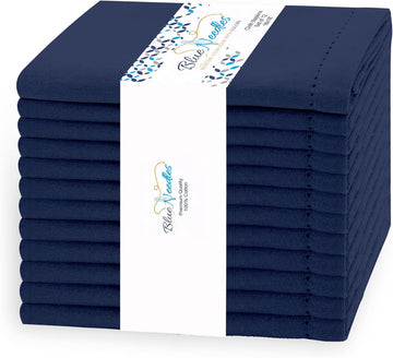 Navy Blue Hemstitch Linen Napkins Set of 12-100% Cotton Cloth Dinner Napkins 18x18 inches, Soft, Reusable, Absorbent