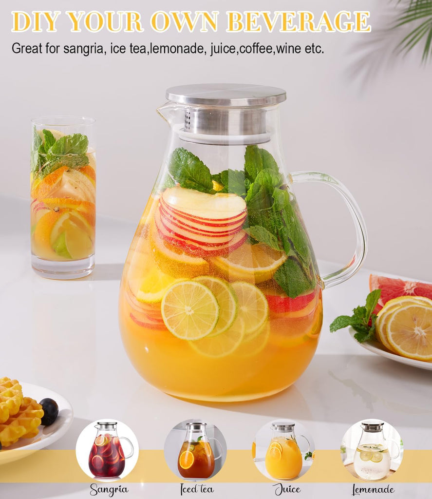 Glass Pitcher, 86oz Glass Water Pitcher with Lid and Handle, Large Borosilicate Hot/Cold Water Jug for Iced Tea