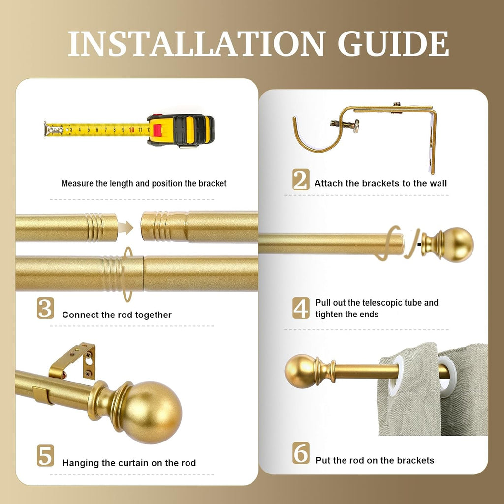 Curtain Rods - 1" Diameter, Standard Decorative Window Curtain Rod Set with Brackets - Gold
