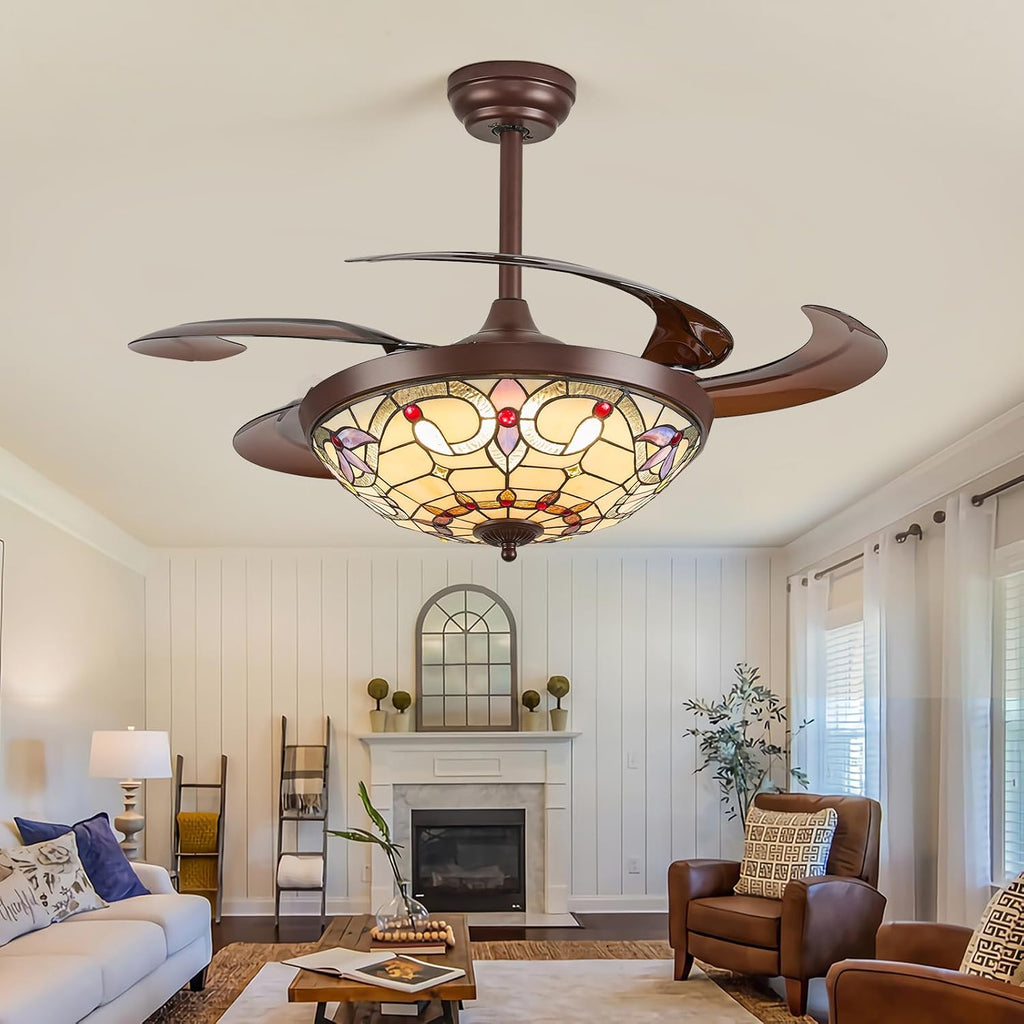 48" Tiffany Retractable Ceiling Fan with Light - (Red Dot, Brown)