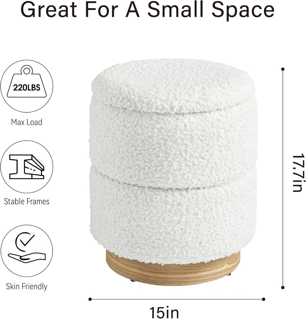 Round Ottoman with Storage, Modern Boucle Ottoman Upholstered Foot Stools with Wood Base, Vanity Stool Chair