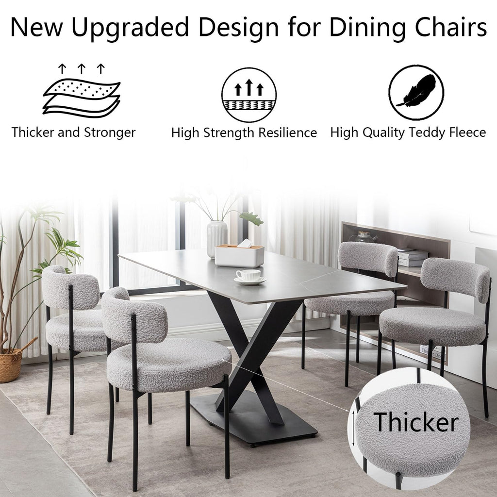 Boucle Dining Chairs Set of 6, Upholstered Dining Room Chairs with Black Metal Legs, Round Modern Dining Chair (Light