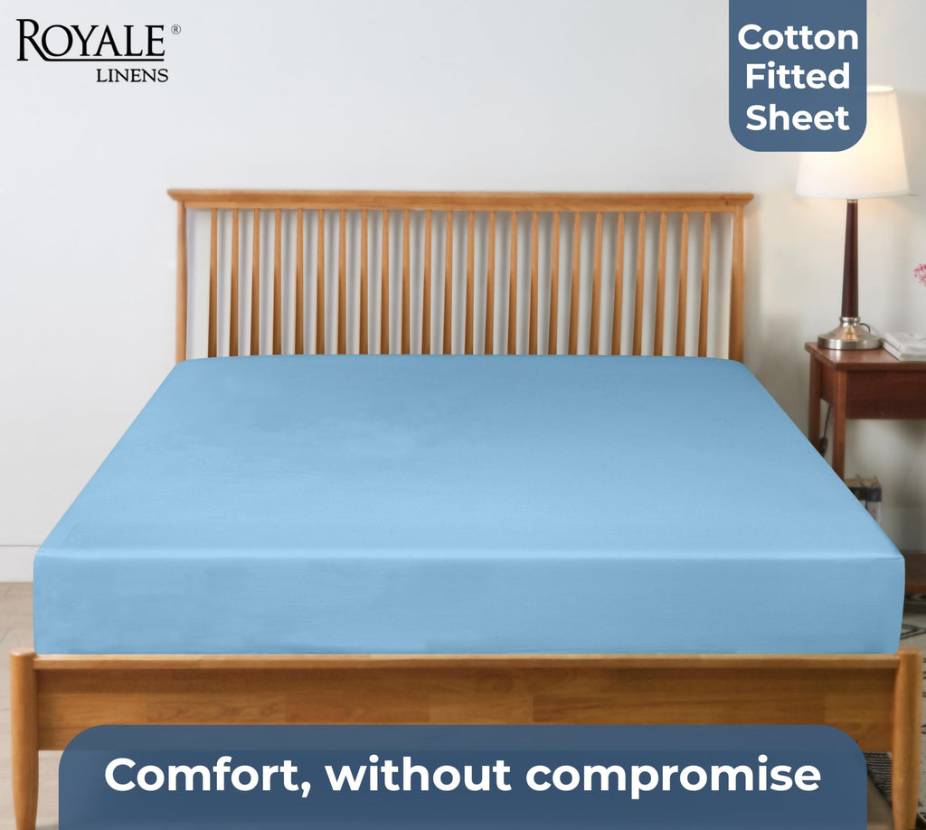 100% Organic Cotton Fitted Sheet - Percale Weave - Super Soft Deep Pocket Bottom Sheets - Lake Blue Elastic Sheet