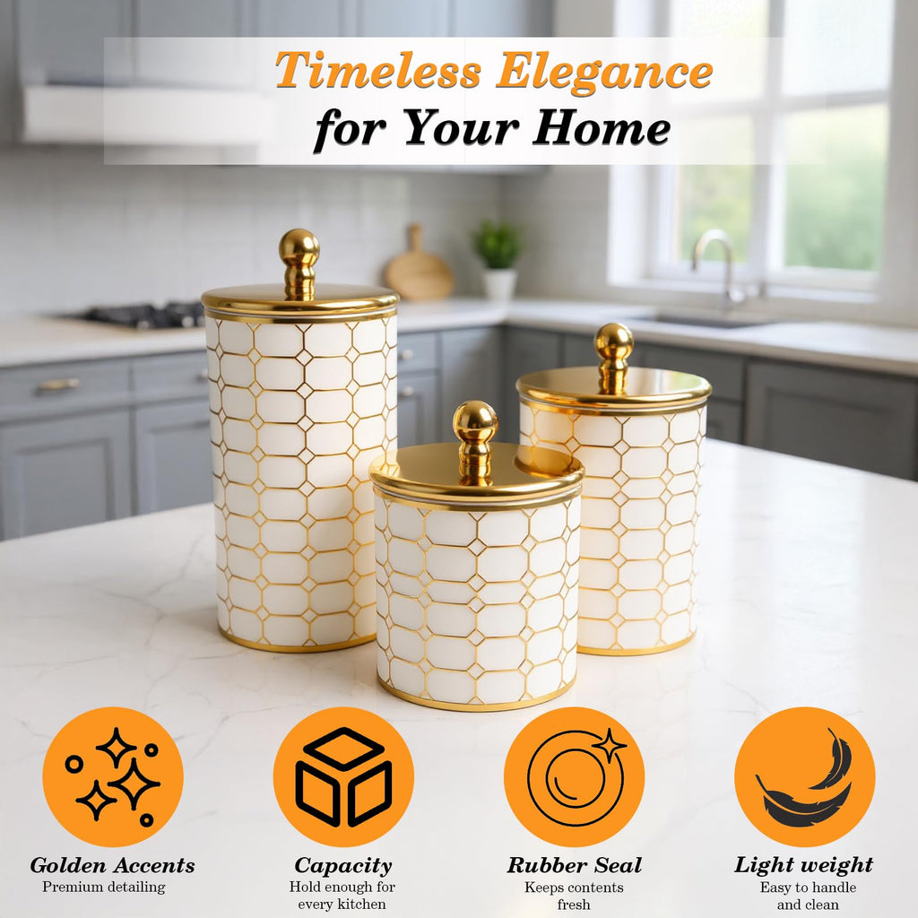 3 Piece Plastic Canister Sets, Sugar Container for Coffee Bar, Airtight Kitchen Counter Storage, Farmhouse Decor(Flat