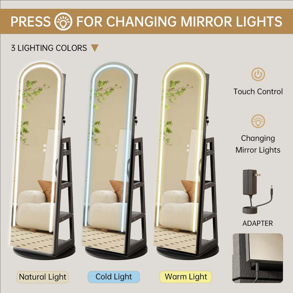 Arched Rotating Jewelry Cabinet with LED Lighted Full Length Mirror & Built-in LED Vanity Mirror, Lockable Standing