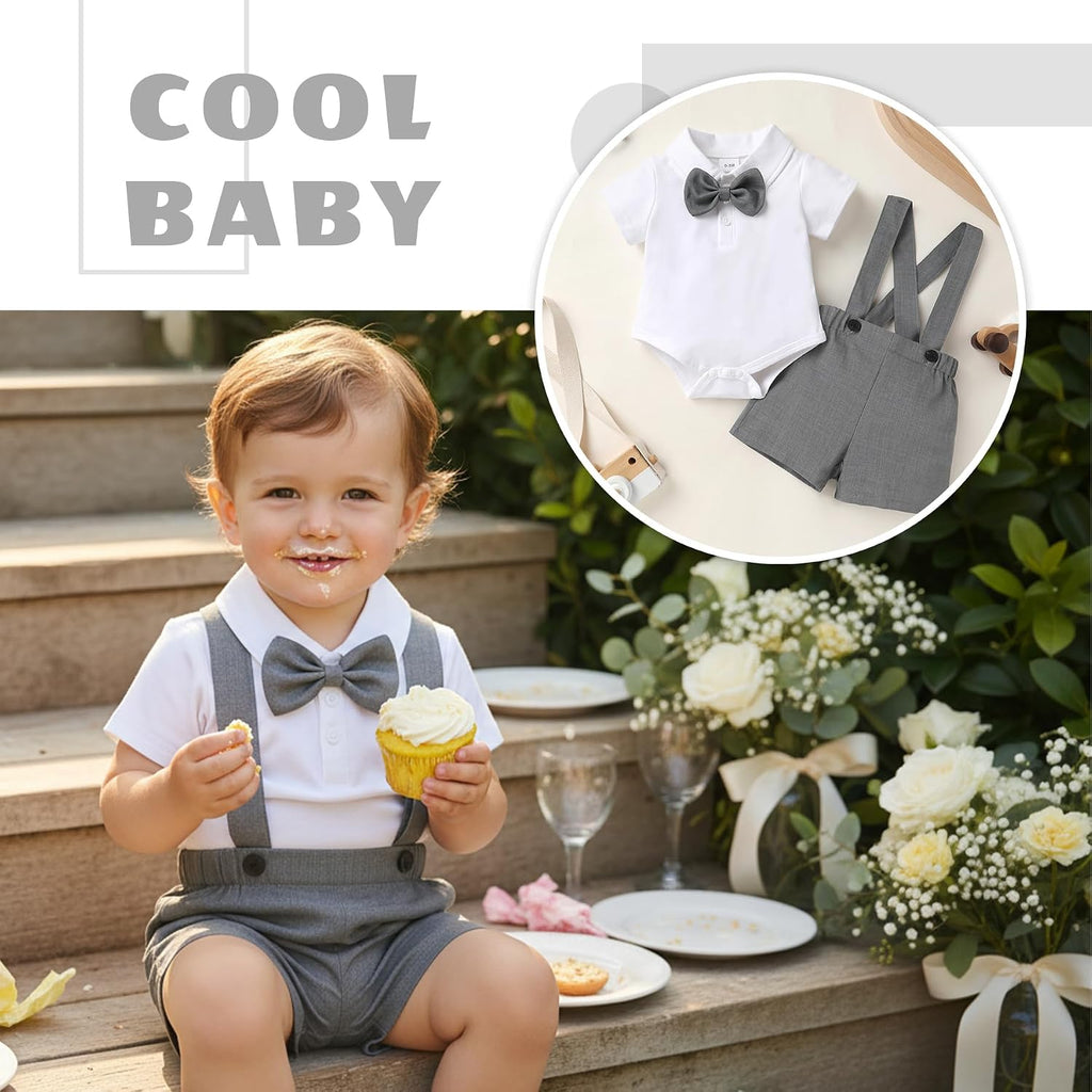 Baby Boy Clothes Suits Infant Gentleman Wedding Outfit Dress Shirt Bowtie and Suspenders Shorts Set