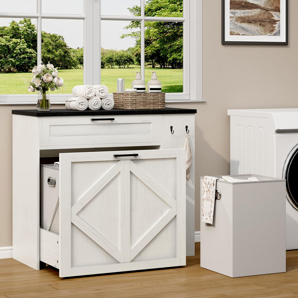 Laundry Hamper Cabinet, Double Laundry Cabinet with Two 11 Gallon Baskets and Drawer, Pull-Out Storage Unit with