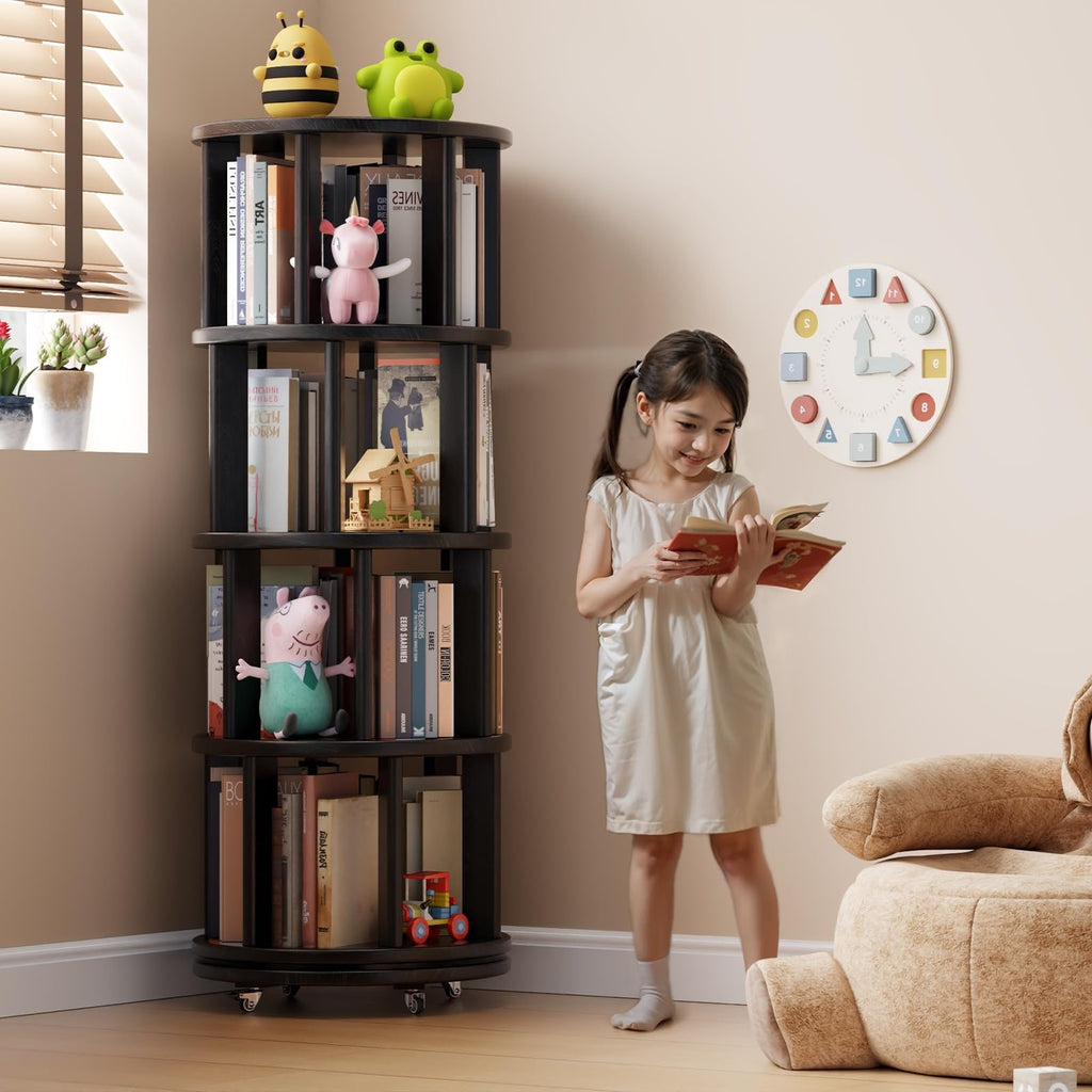 4 Tier Solid Wood Rotating Bookshelf Tower on Wheels, Black