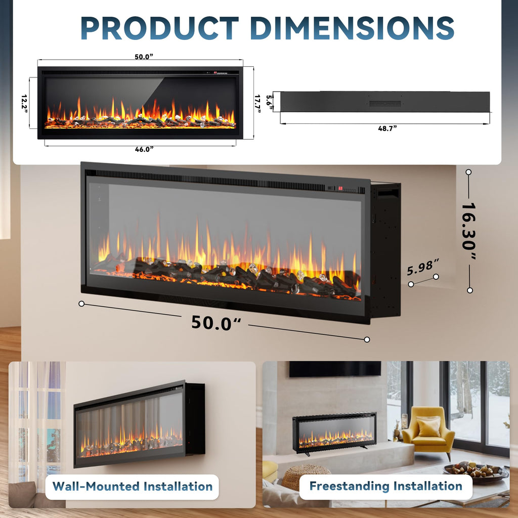 50 Inch Electric Fireplace Recessed Wall Mounted Freestanding