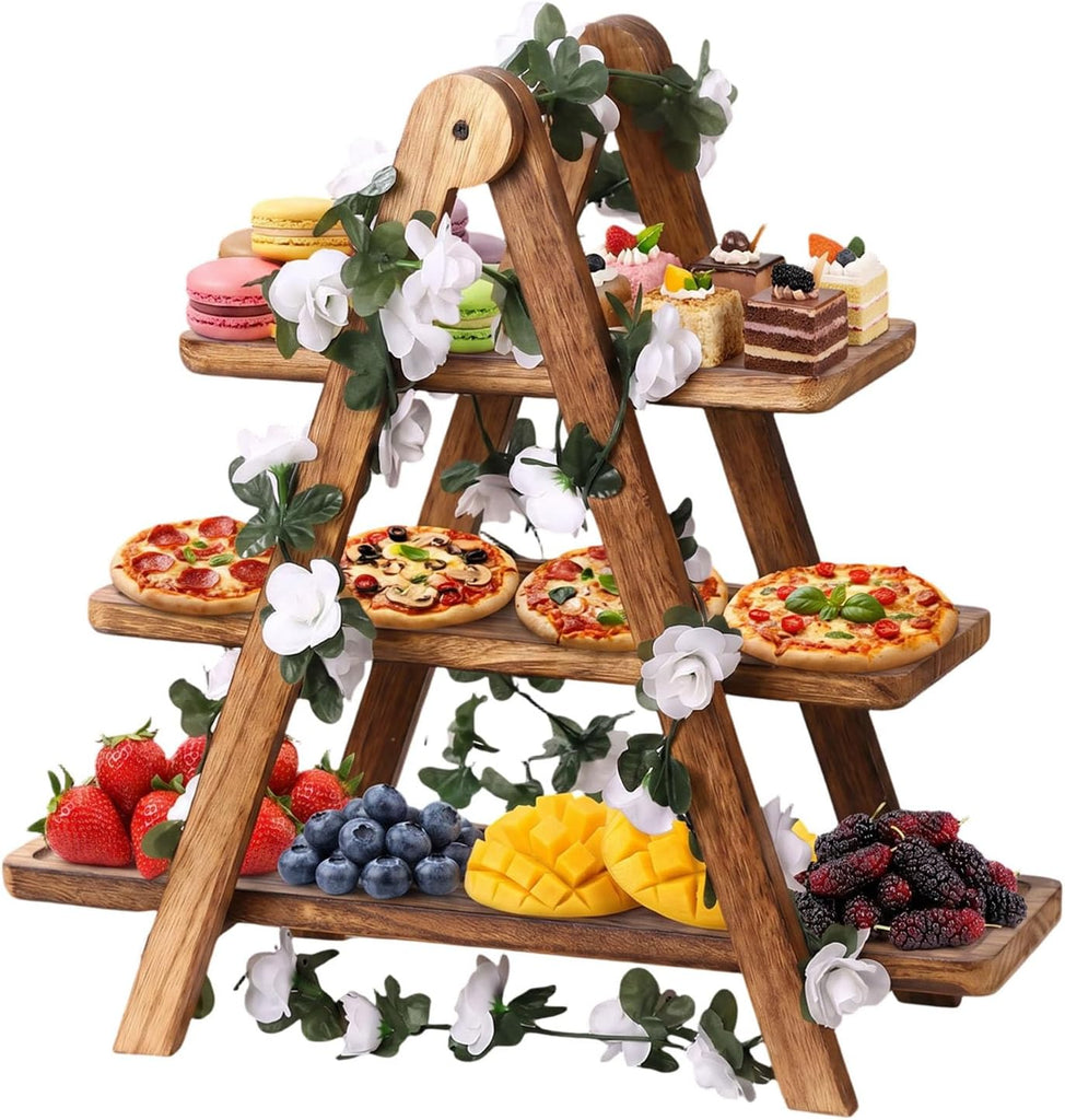 Brown Wood 3 Tier Foldable Serving Tray for Cupcake Dessert Stand,Rectangular Farmhouse Stand Charcuterie Board