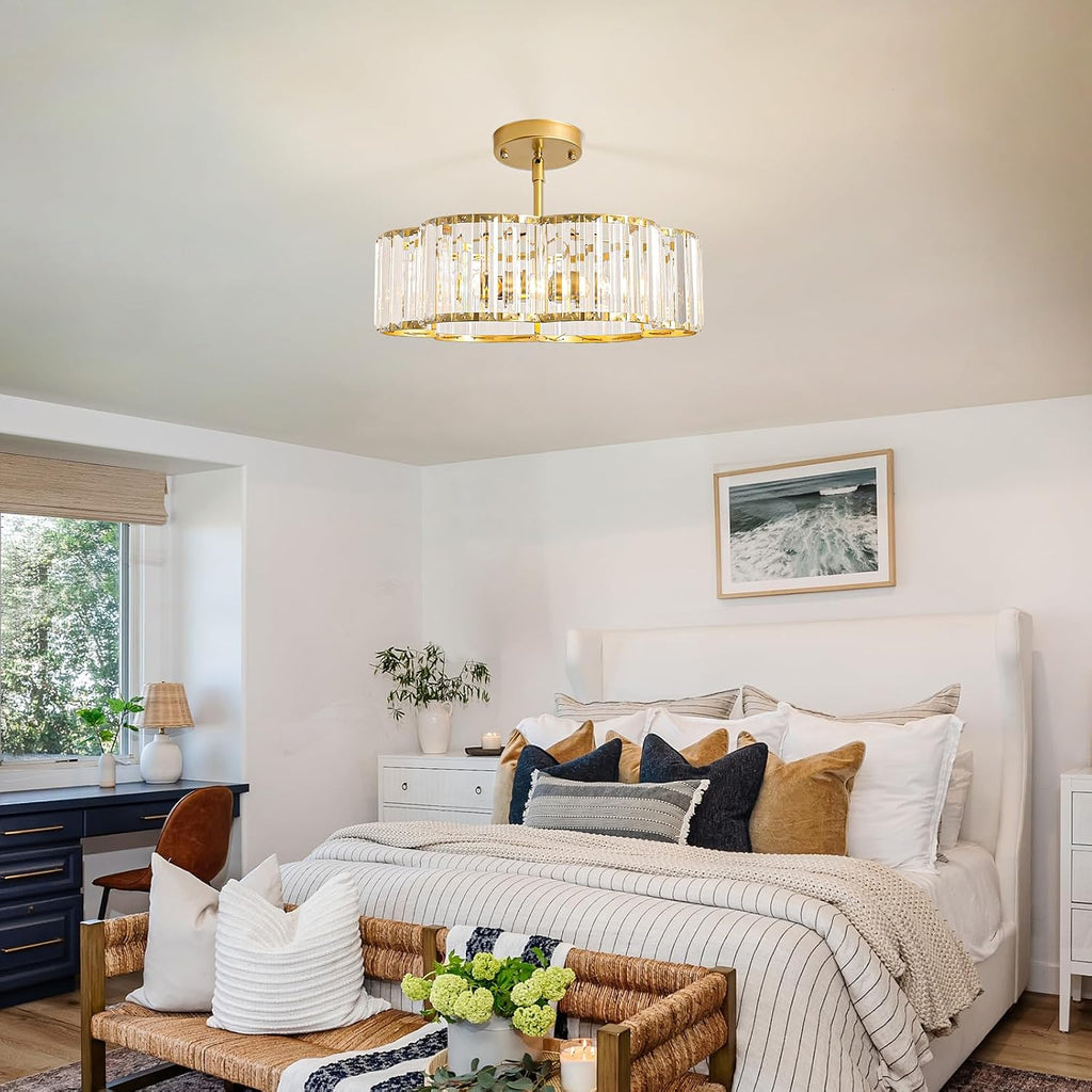 Modern Gold Crystal Chandelier for Dining Room 16 Inch | Semi Flush Mount Ceiling Light Fixture 3-Light,Round Kitchen