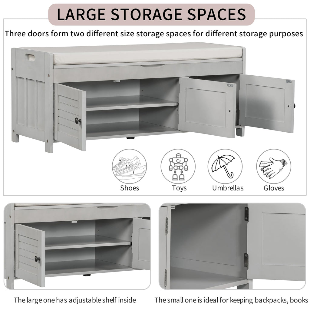 Storage Bench with 3 Shutter-Shaped Doors, Entryway Shoe Bench with Removable Cushion and Hidden Storage, Wooden