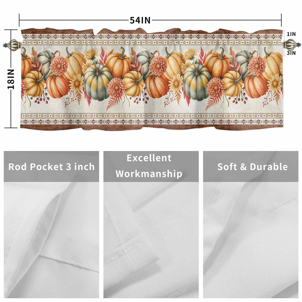 Orange Pumpkins Fall Valances Window Treatment Farmhouse Decor, Boho Thanksgiving Botanical Floral Rod Pocket Valance