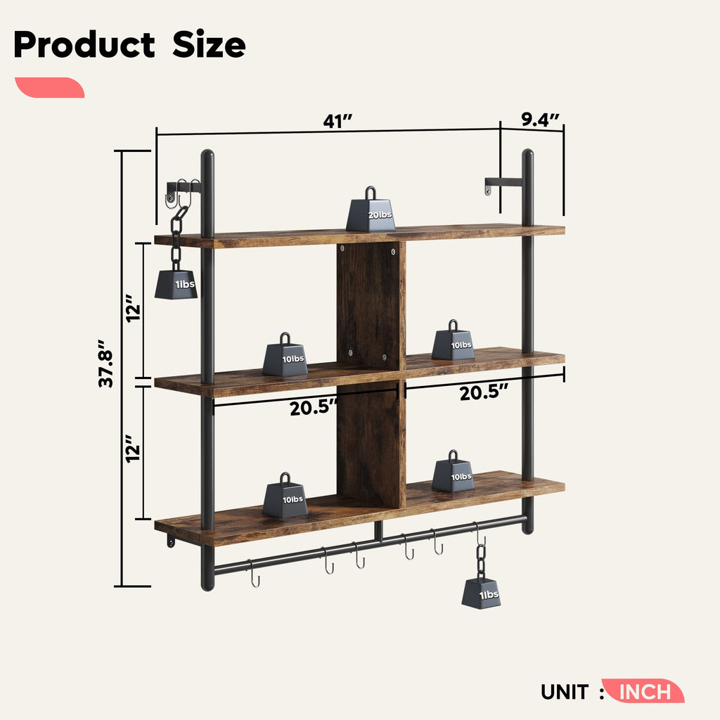 41.5" Floating Shelves for Wall 3 Tier Kitchen Shelves Wall Mounted Coffee Bar Shelf Hanging Shelf with 8 Hooks