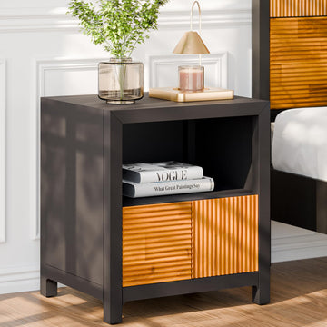 Madia Wood Nightstand, Fully Assembled Mid-Century Modern Side Table in Black and Teak Brown, Elegant Bedroom Decor