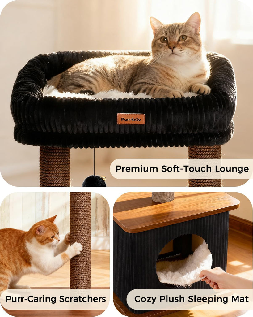 29" Small Cat Tree, Boho Wood Cat Tower with Sisal Scratching Post