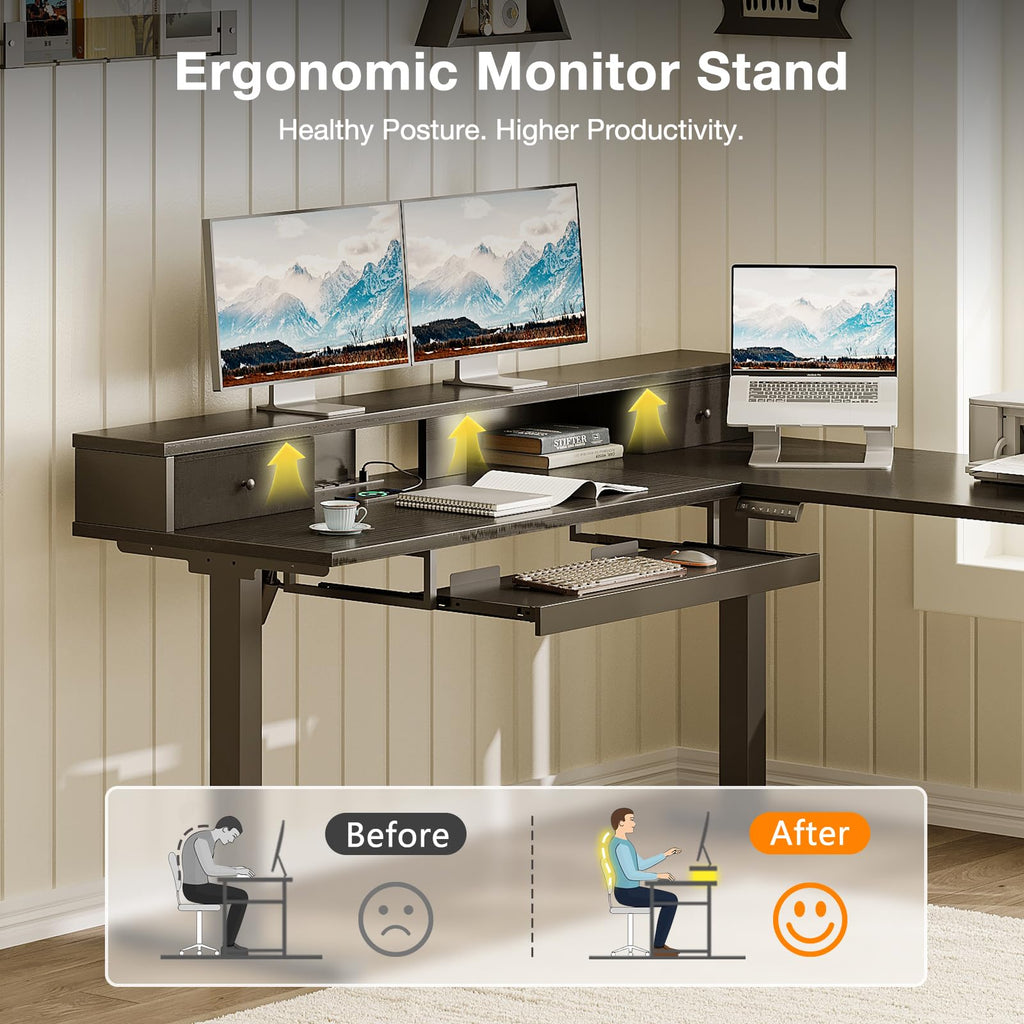 59" L Shaped Electric Standing Desk with Drawers, Black