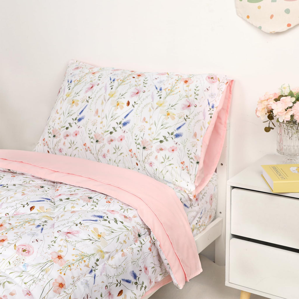 Toddler Bedding Set for Girls, 4 Piece Floral Toddler Comforter Set, Ultra Soft Baby Girl Crib Bed Bedding Includes